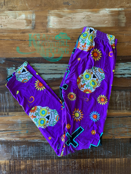 Purple Sugar Skull Cross Leggings
