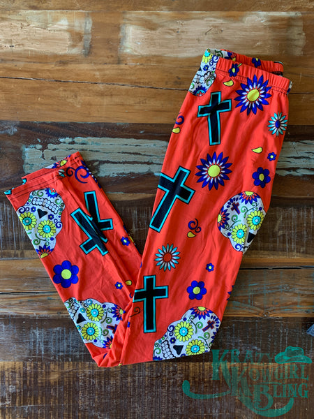 Red Sugar Skull Cross Leggings