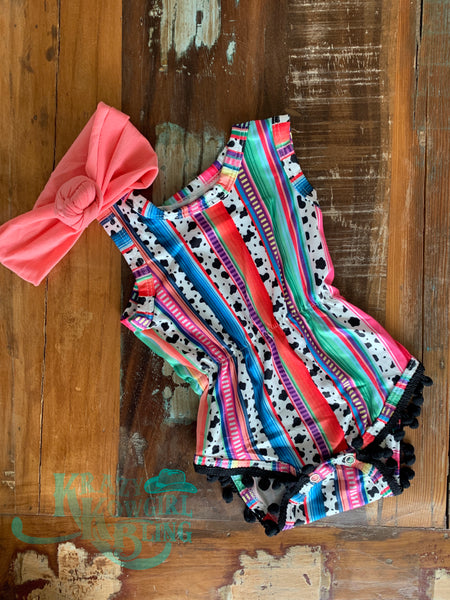 Serape Cow Spot PomPom Romper